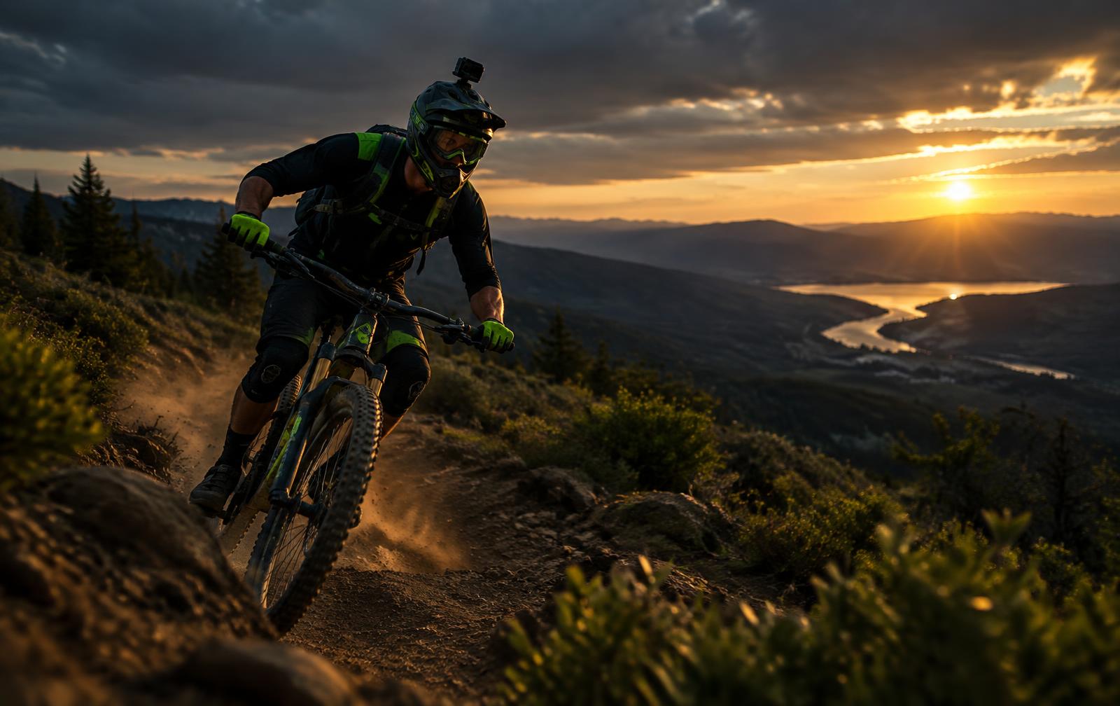 Mountain biker filming with a helmet-mounted action camera at sunset